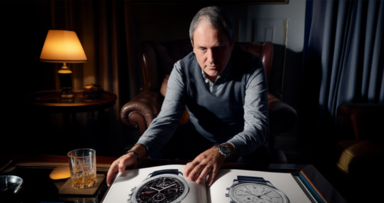 Un uomo caucasico elegantemente vestito, seduto in una poltrona di pelle, con un orologio di lusso al polso e un libro di orologeria aperto sul tavolino.
