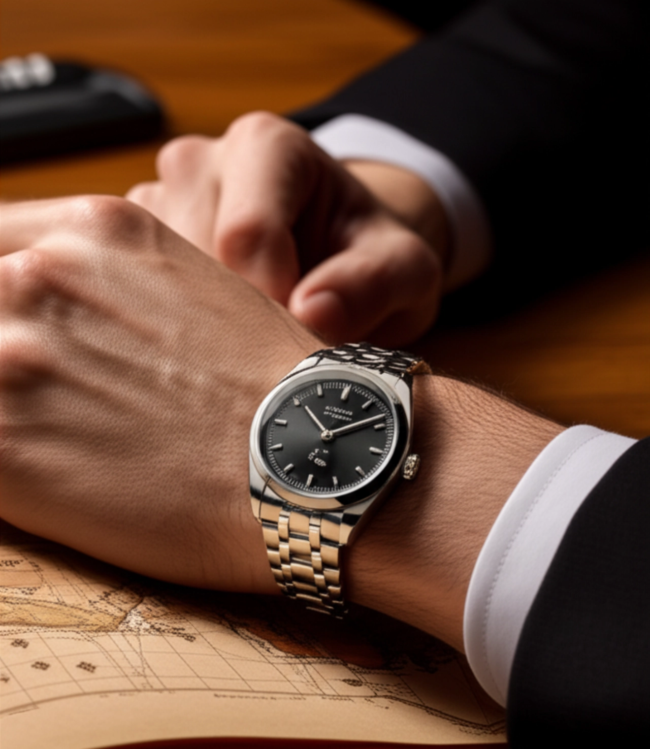 Primo piano di un orologio classico in acciaio inossidabile al polso di un uomo caucasico, con le mani appoggiate su una mappa vintage.