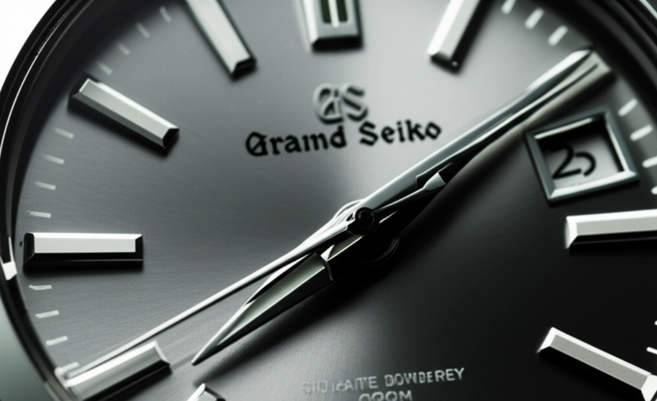 Macro iperrealistica di una superficie di cassa di orologio Grand Seiko con lucidatura Zaratsu impeccabile, che mostra una finitura a specchio priva di distorsioni e riflessi perfetti.