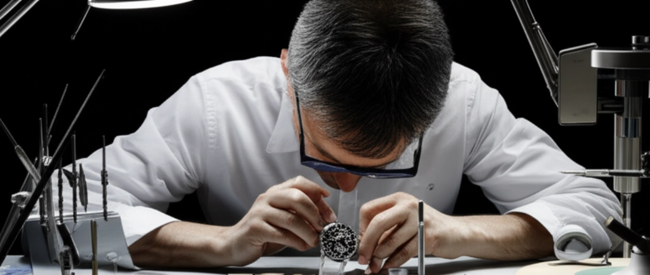 Scena iperrealistica di un maestro orologiaio caucasico al suo banco di lavoro, intento a lucidare un componente Grand Seiko con strumenti di precisione, evidenziando l'ambiente meticoloso della lavorazione Zaratsu.