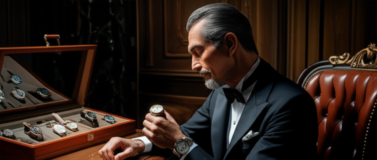 Un elegante collezionista caucasico ammira un orologio di lusso in un raffinato studio, con altri orologi di pregio esposti, evocando esclusività e tradizione.