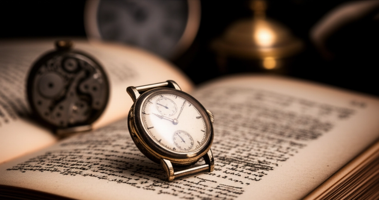 Primo piano iperrealistico di un orologio da polso vintage posato sulle pagine aperte di un antico libro illustrato di orologeria.
