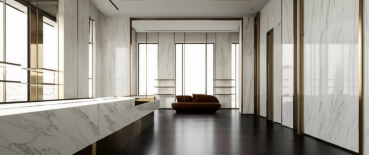 Interno iperrealistico di una lussuosa boutique minimalista, senza persone né prodotti, che evoca un'atmosfera di esclusività e attesa.