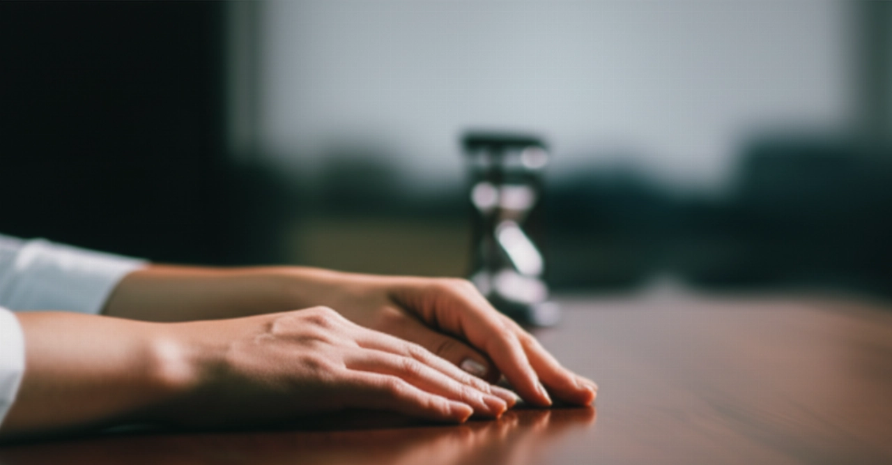 Primo piano iperrealistico di mani caucasiche elegantemente appoggiate su una scrivania in legno, con un'atmosfera che suggerisce pazienza e il lento scorrere del tempo.