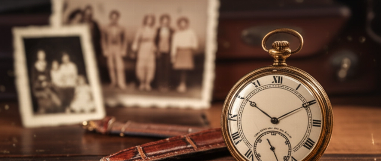 Un orologio da tasca vintage in oro, con cinturino in pelle usurato, appoggiato su una scrivania di legno antico, con fotografie di famiglia sbiadite sullo sfondo, in una composizione iperrealistica che evoca il passaggio del tempo e l'eredità.