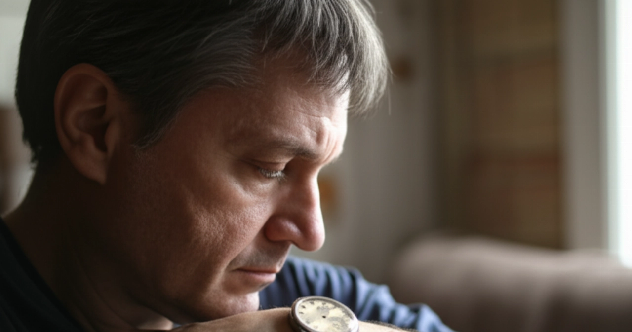 Un ritratto iperrealistico di un uomo caucasico di mezza età che osserva pensieroso un classico orologio da polso, con dettagli intricati e riflessi sottili, immerso in una luce naturale che evoca riflessione e nostalgia.