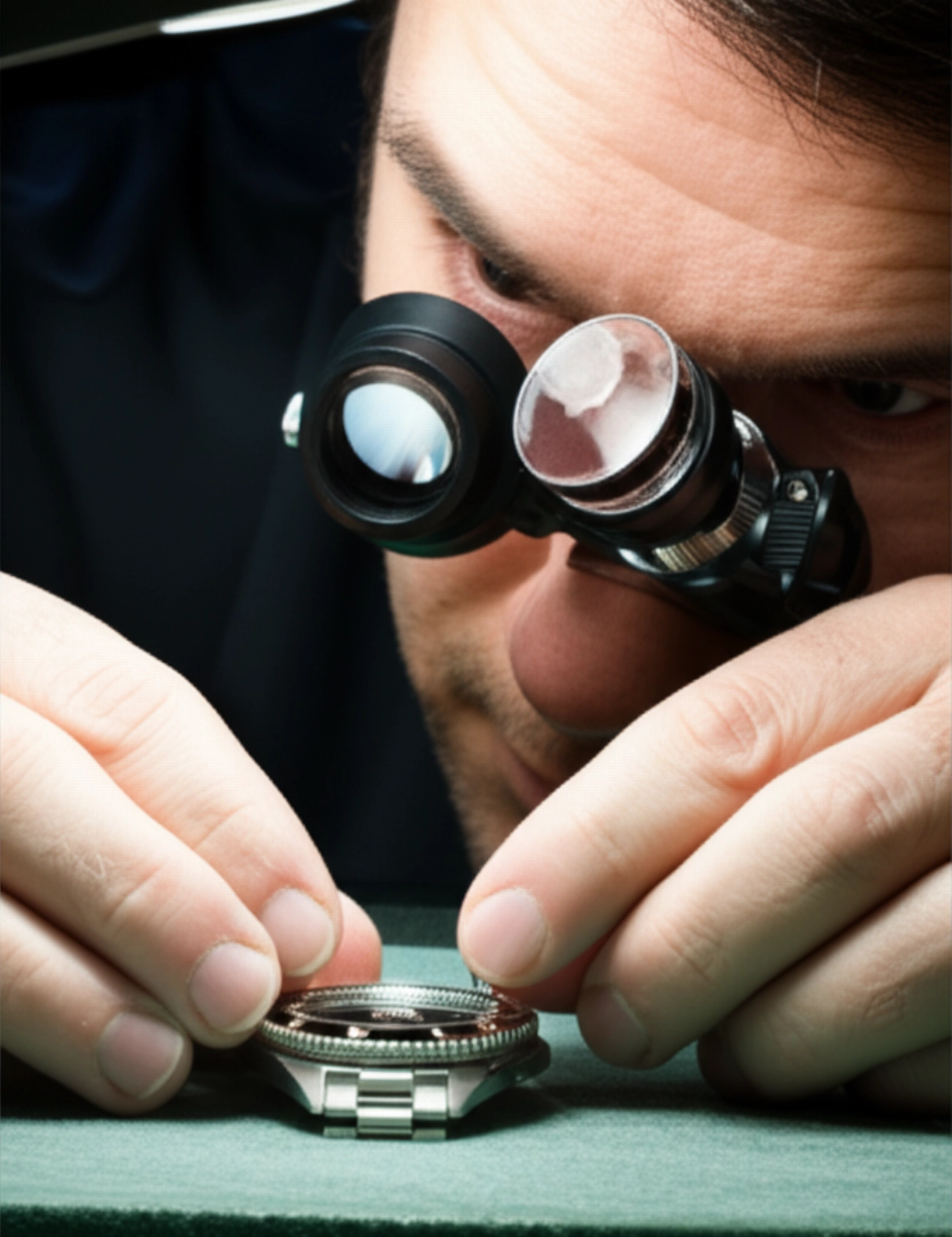Orologiaio caucasico che esamina meticolosamente una corona a vite di un orologio con una lente d'ingrandimento, su un banco di lavoro ordinato.