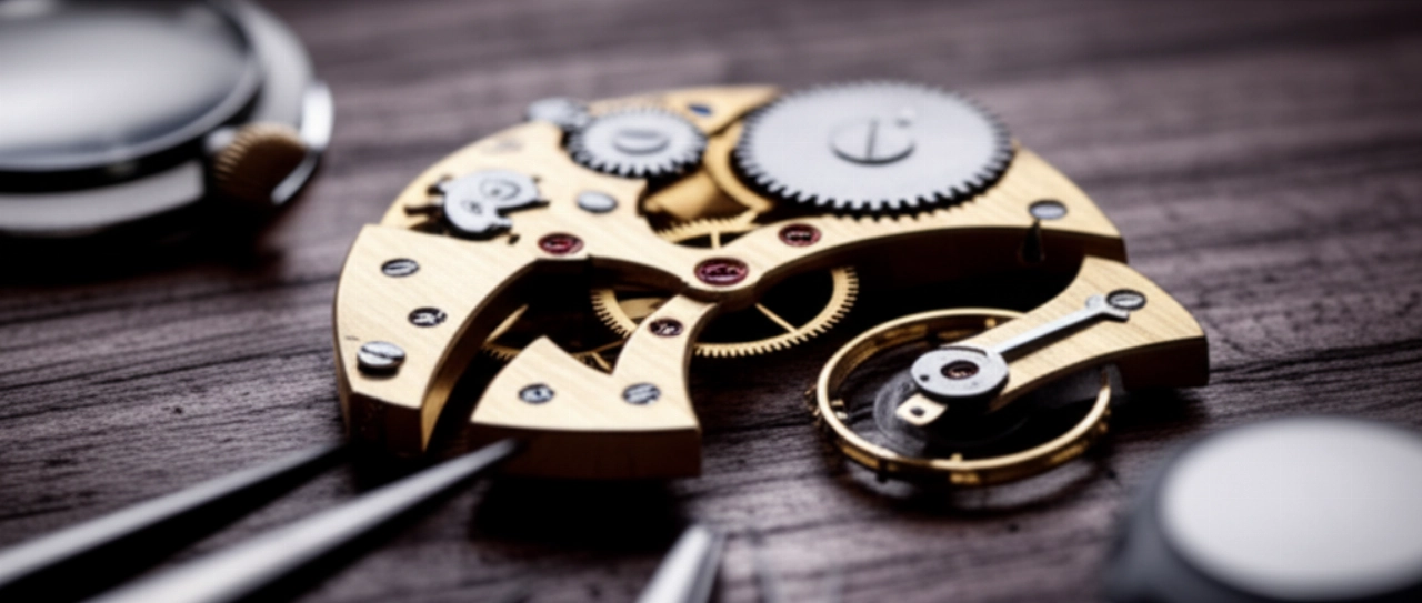 Scatto macro iperrealistico del meccanismo interno di un orologio da tasca antico, con un rubino, ingranaggi in ottone e strumenti di precisione su un banco da lavoro.