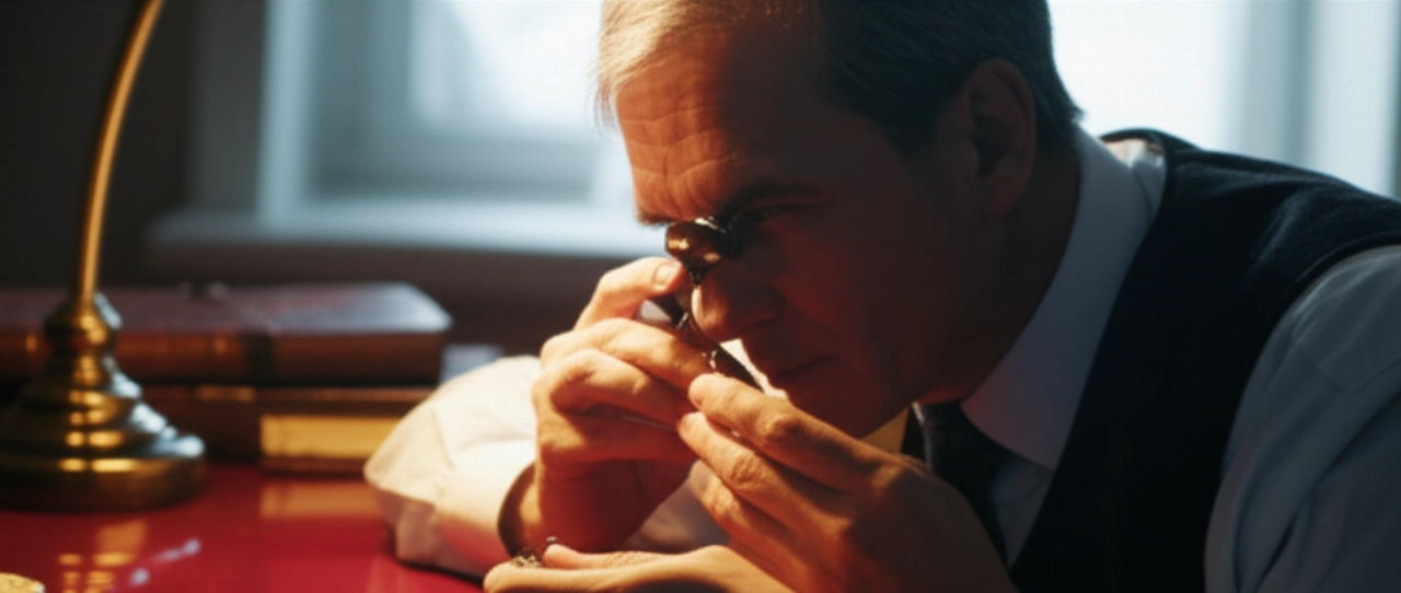 Un uomo caucasico esamina attentamente il quadrante di un orologio da polso automatico vintage con una lente d'ingrandimento, seduto a una scrivania in mogano illuminata naturalmente.