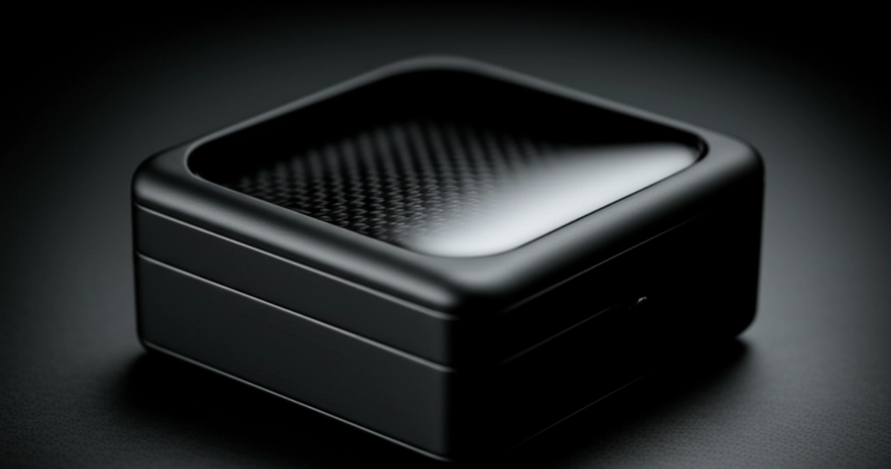 Cassa di orologio iperrealistica in ceramica nera opaca o fibra di carbonio, posta su una superficie scura e minimalista, con luce diffusa che ne esalta la texture high-tech.