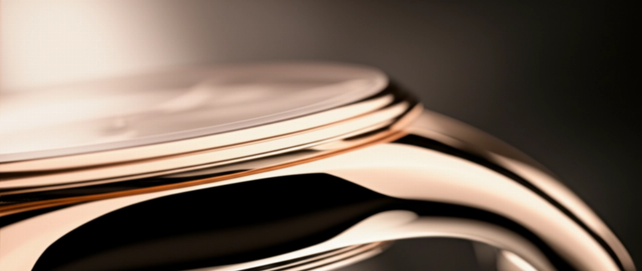 Primo piano iperrealistico di una cassa di orologio in oro rosa lucidato o platino, che brilla delicatamente sotto una luce calda, mettendo in risalto la sua lussuosa lucentezza.