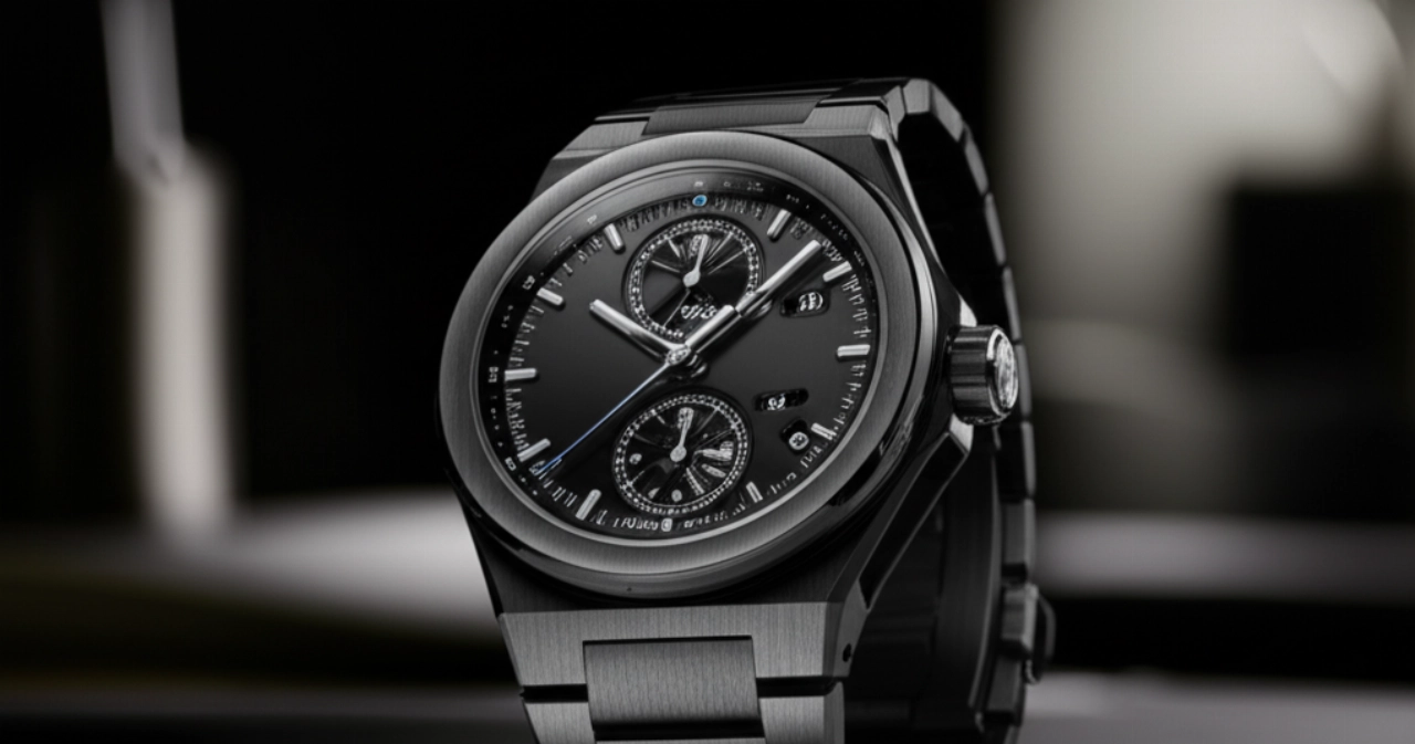 Orologio di lusso iperrealistico con cassa in ceramica nera opaca e bracciale in titanio spazzolato, esposto su un piedistallo minimalista sotto un'illuminazione drammatica che esalta i materiali innovativi.