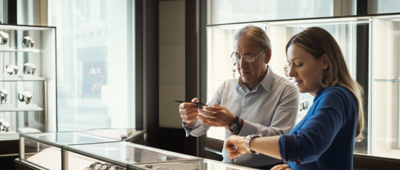 Due persone caucasiche in un negozio di orologi usati di lusso, il venditore mostra un orologio alla cliente, con luce naturale e vetrine piene di orologi.