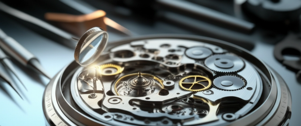Immagine iperrealistica di un dispositivo di precisione smontato che rivela un microrotore lucido, esaminato attentamente da un orologiaio caucasico con una lente d'ingrandimento.