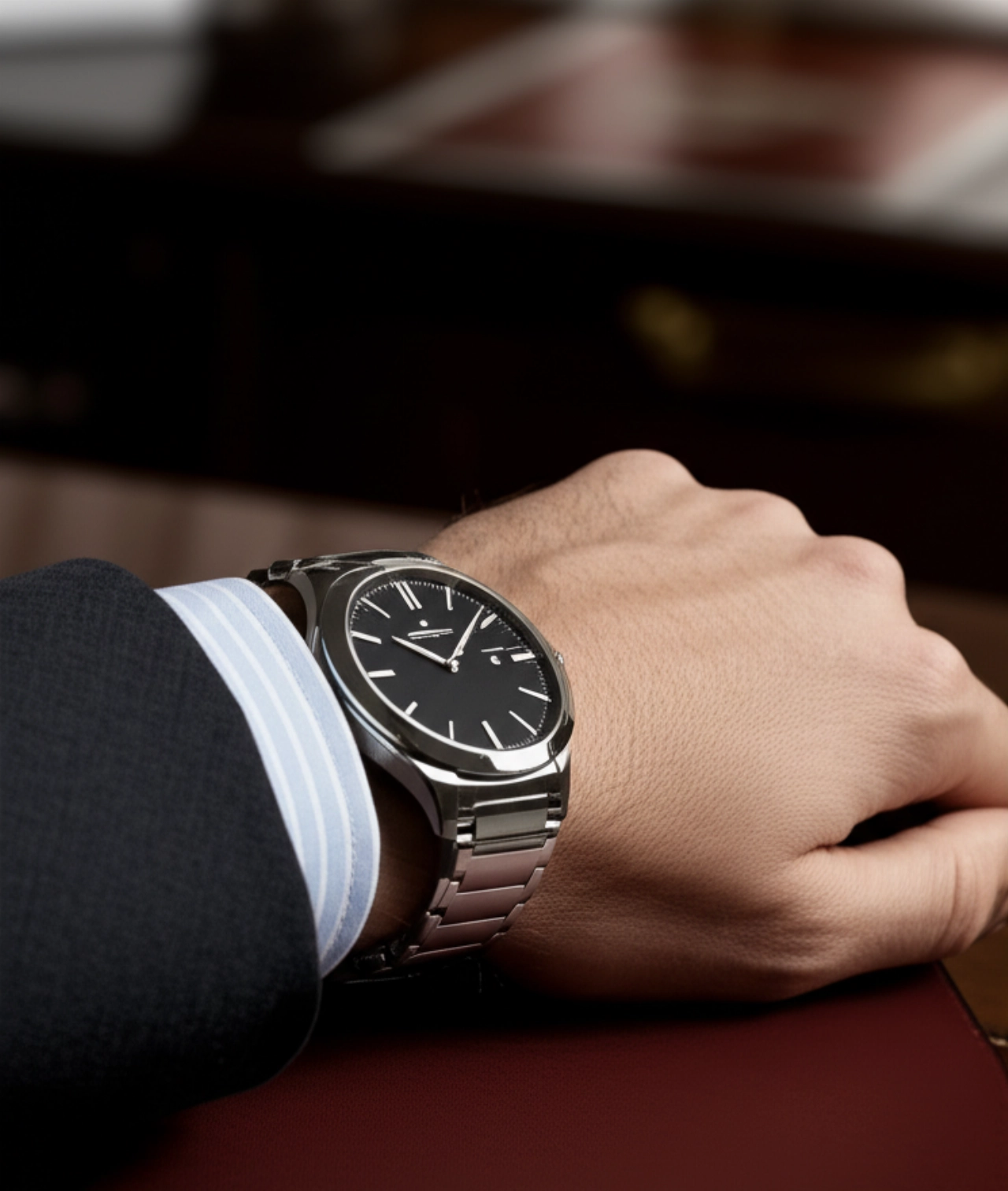 Un uomo caucasico indossa un orologio di lusso con bracciale integrato, mettendo in risalto l'eleganza del design in un contesto professionale.