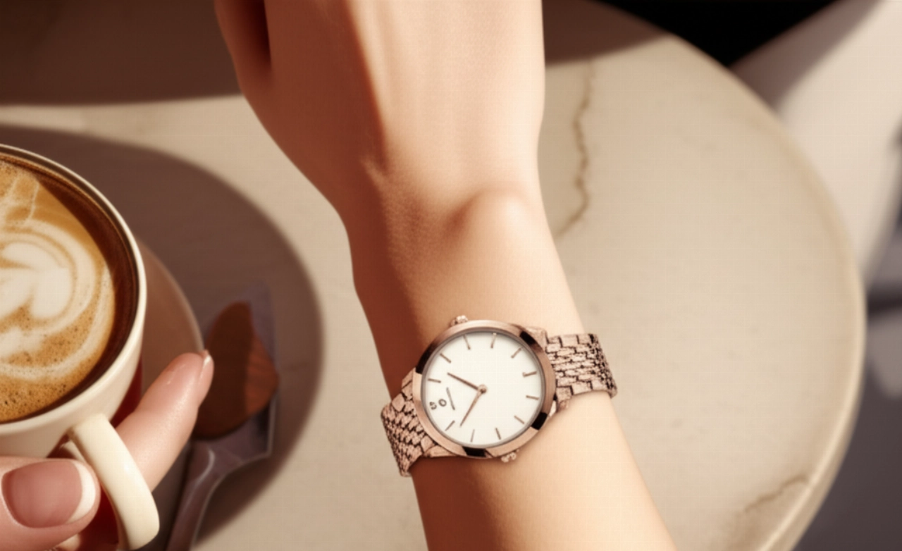Un primo piano iperrealistico del polso di una donna caucasica, che indossa un elegante orologio con bracciale integrato in oro rosa in un ambiente luminoso.