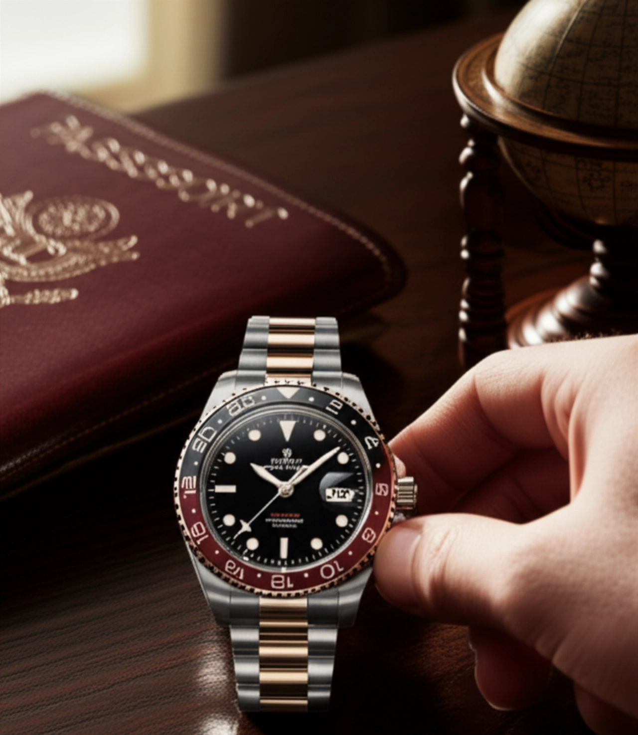 Natura morta iperrealistica di un orologio GMT su una scrivania in legno, con una mano caucasica che lo regola, affiancato da un passaporto e un mappamondo, simbolo di viaggi e precisione.
