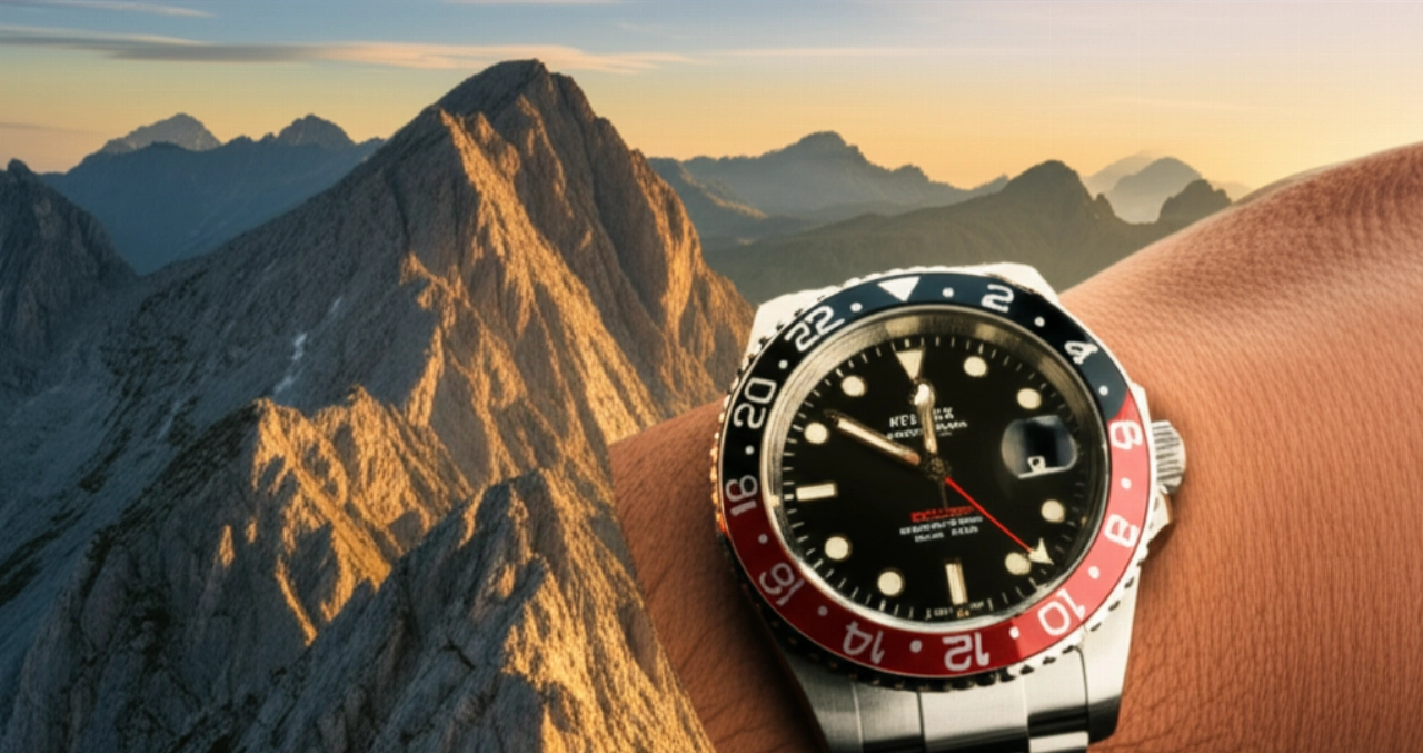 Vista mozzafiato e iperrealistica di un orologio GMT al polso di un avventuriero caucasico, con uno sfondo drammatico di montagne all'alba, che suggerisce esplorazione e viaggi.