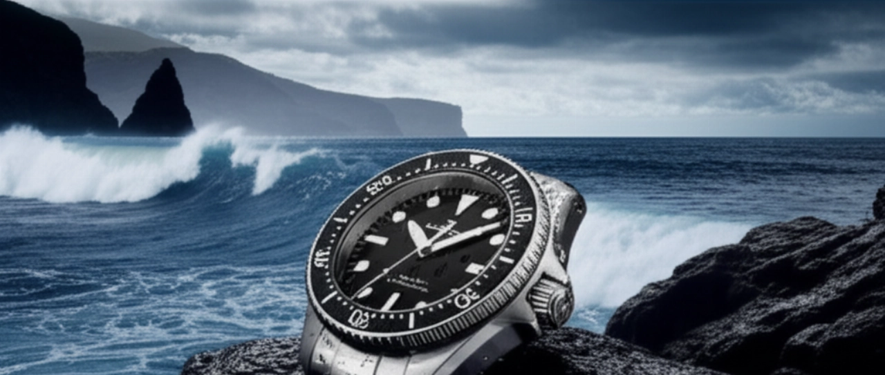 Orologio subacqueo robusto su una roccia vulcanica bagnata, con l'oceano burrascoso e scogliere sullo sfondo.