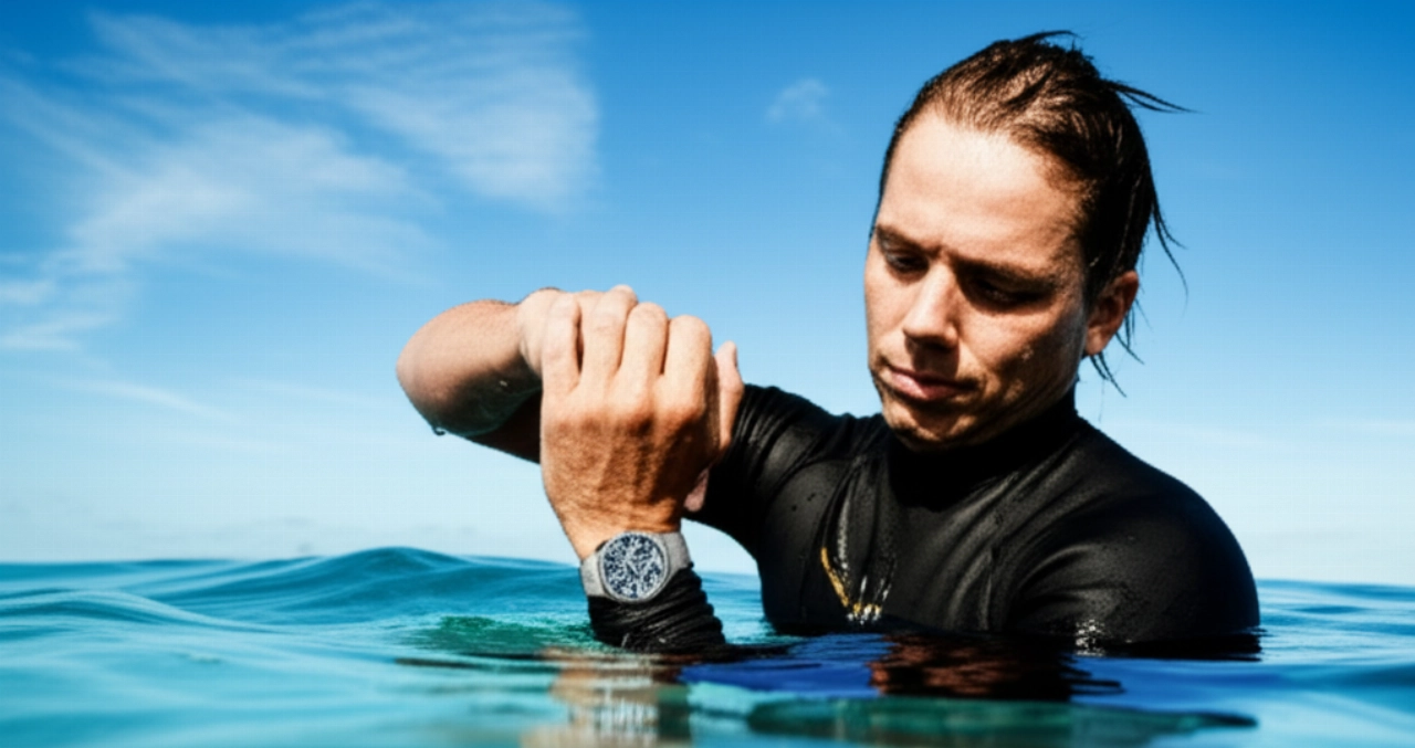 Subacqueo caucasico che emerge da acque tropicali trasparenti, controllando il suo orologio subacqueo, con una barriera corallina sottostante.