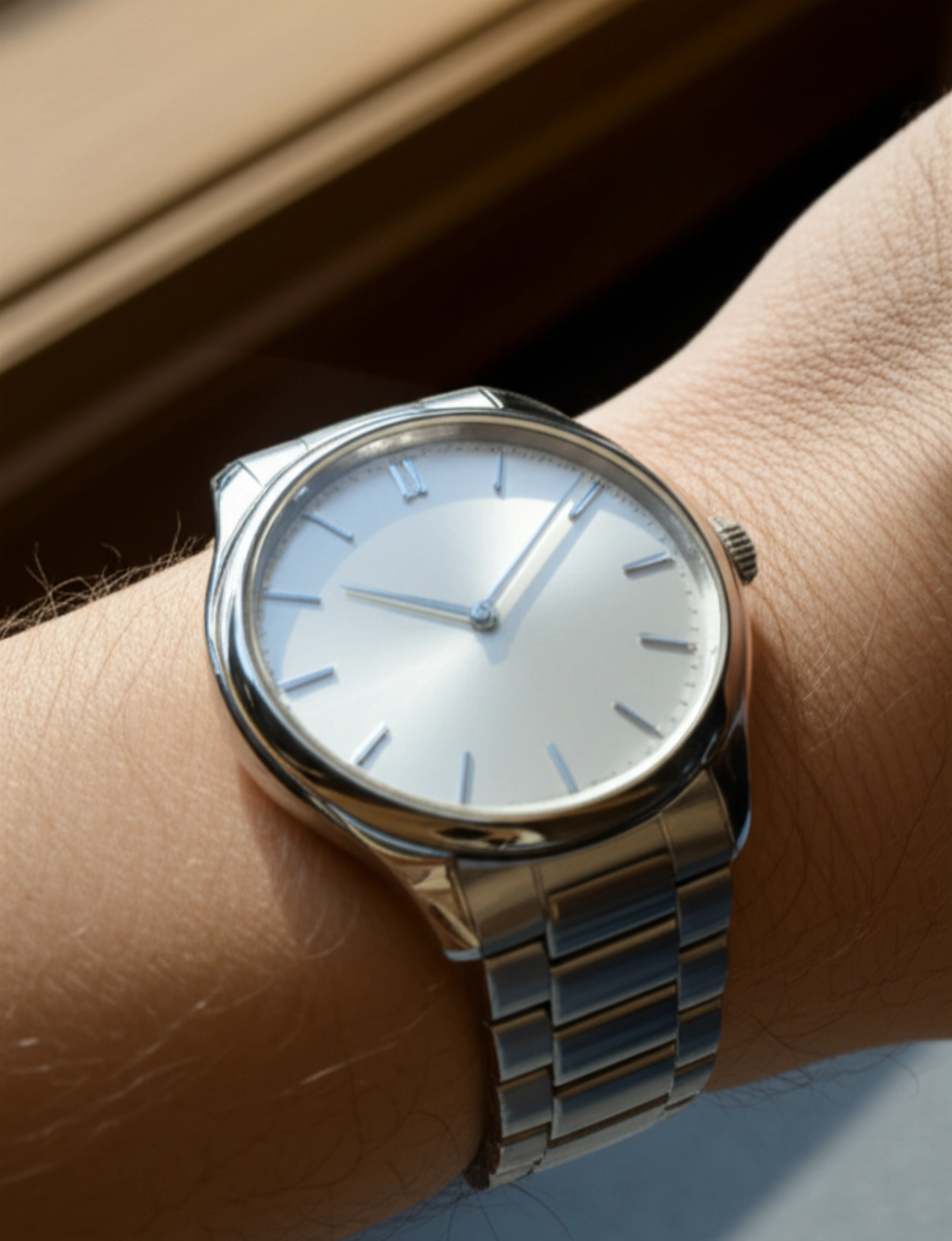 Polso caucasico con un orologio dalla cassa della misura perfetta, che evidenzia una vestibilità ideale e confortevole.