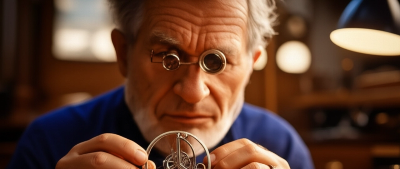 Un orologiaio caucasico esperto con lente d'ingrandimento, in primo piano, assembla meticolosamente un meccanismo di orologio complesso, con una molla a bariletto in evidenza.