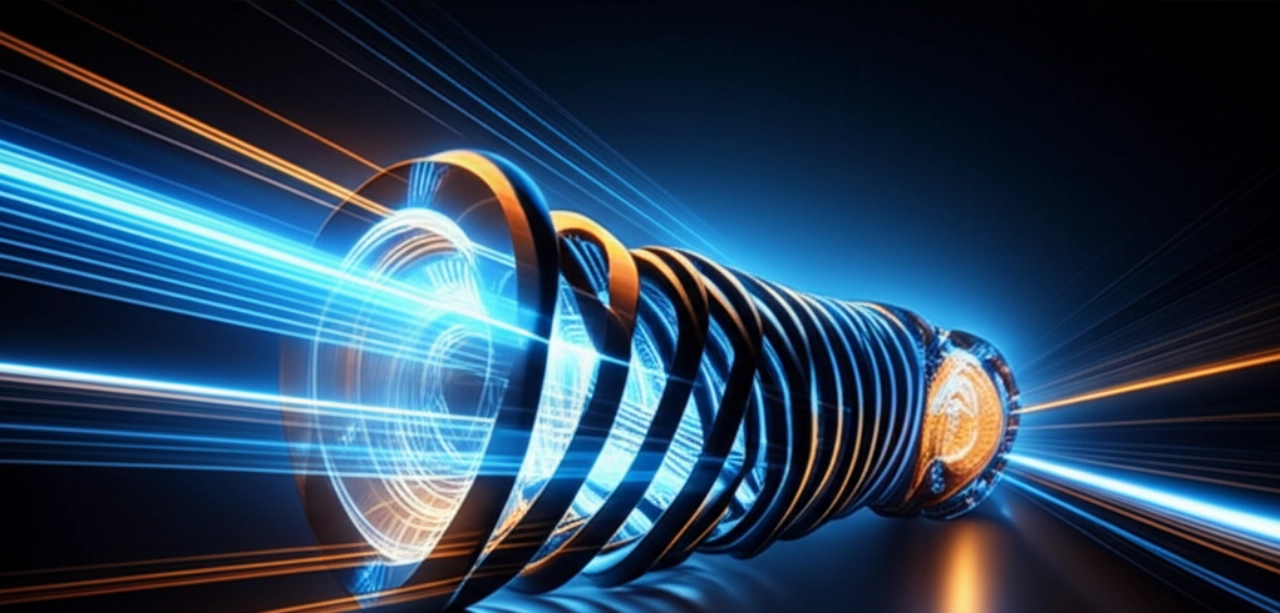 Immagine concettuale iperrealistica di una molla a bariletto al centro, con linee di energia luminose che si irradiano, simboleggiando la potenza cinetica accumulata.