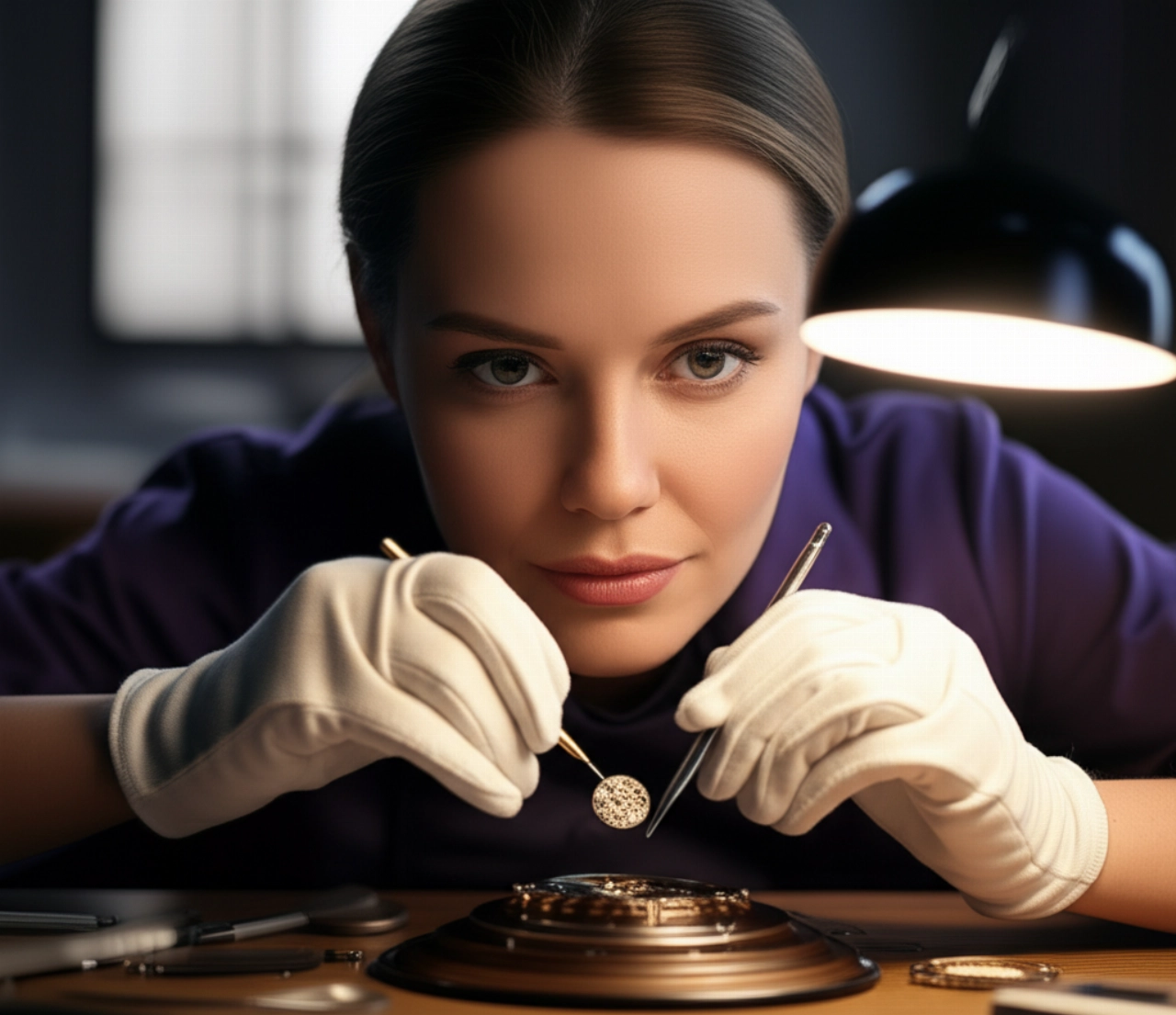 Ritratto iperrealistico di una orologiaia caucasica con guanti bianchi, intenta ad assemblare un movimento di orologio di precisione su un banco di lavoro, illuminata da una luce morbida che ne evidenzia la concentrazione e l'abilità.
