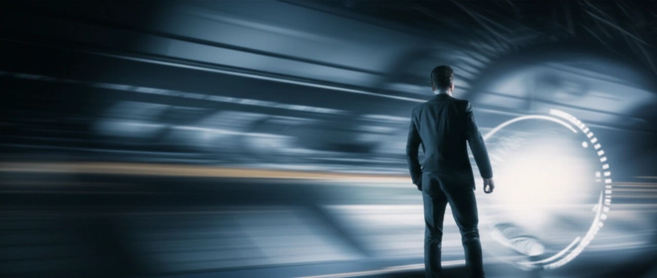 Scena iperrealistica e dinamica che evoca la precisione ad alta frequenza e la velocità. Un ambiente moderno e minimalista con un uomo caucasico elegante che osserva un elemento luminoso e sfocato, simbolo del tempo e del movimento.