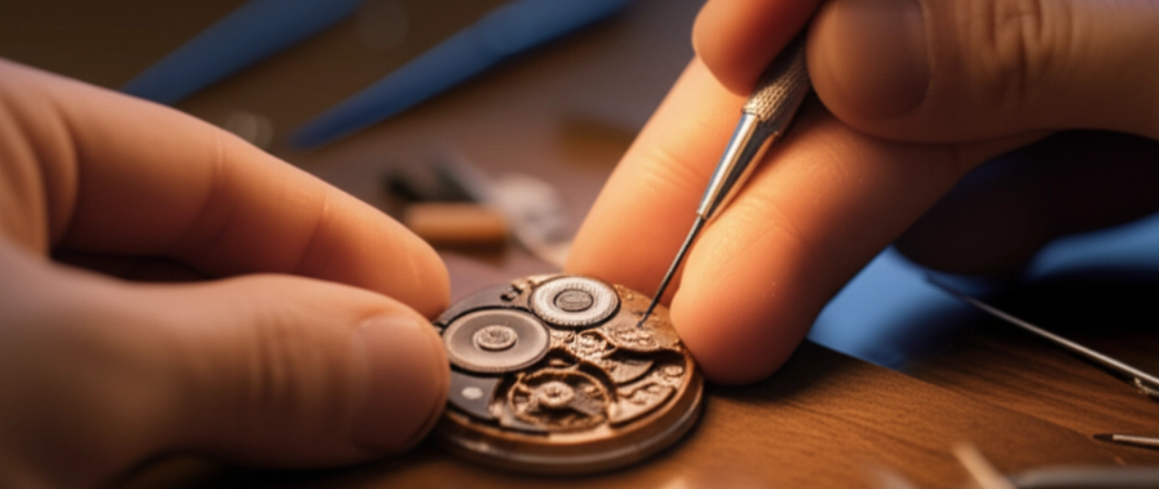 Mani di un maestro orologiaio caucasico che assembla meticolosamente un componente di un movimento di orologio, in un'officina ben illuminata, che trasmette abilità artigianale e concentrazione.