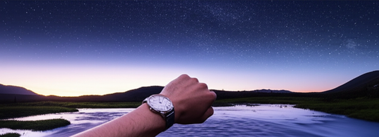 Ampia inquadratura iperrealistica di un paesaggio naturale sereno, con la mano di un individuo caucasico che indossa un orologio (senza logo visibile), simboleggiando il flusso continuo del tempo e la tranquillità.