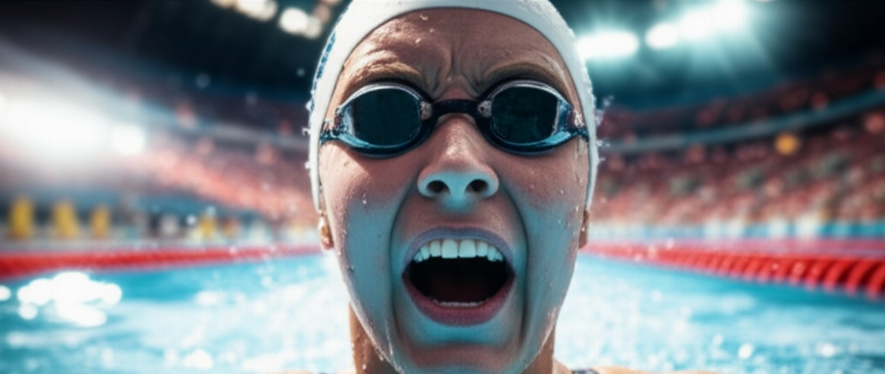 Ritratto iperrealistico e dinamico di una nuotatrice olimpica caucasica trionfante che emerge dall'acqua dopo una gara, con goccioline d'acqua che brillano sulla sua pelle.