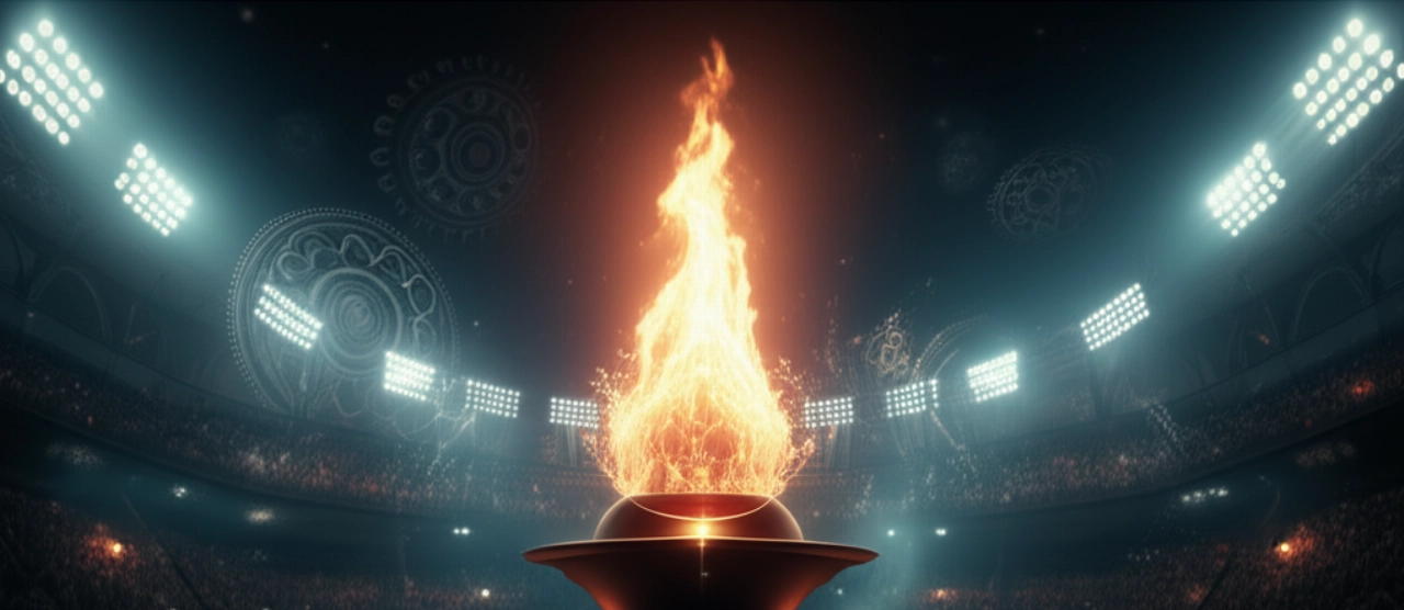 Veduta notturna iperrealistica di un maestoso stadio olimpico illuminato, con la fiamma olimpica che arde e sottili ingranaggi meccanici integrati nell'architettura, a simboleggiare il tempo.