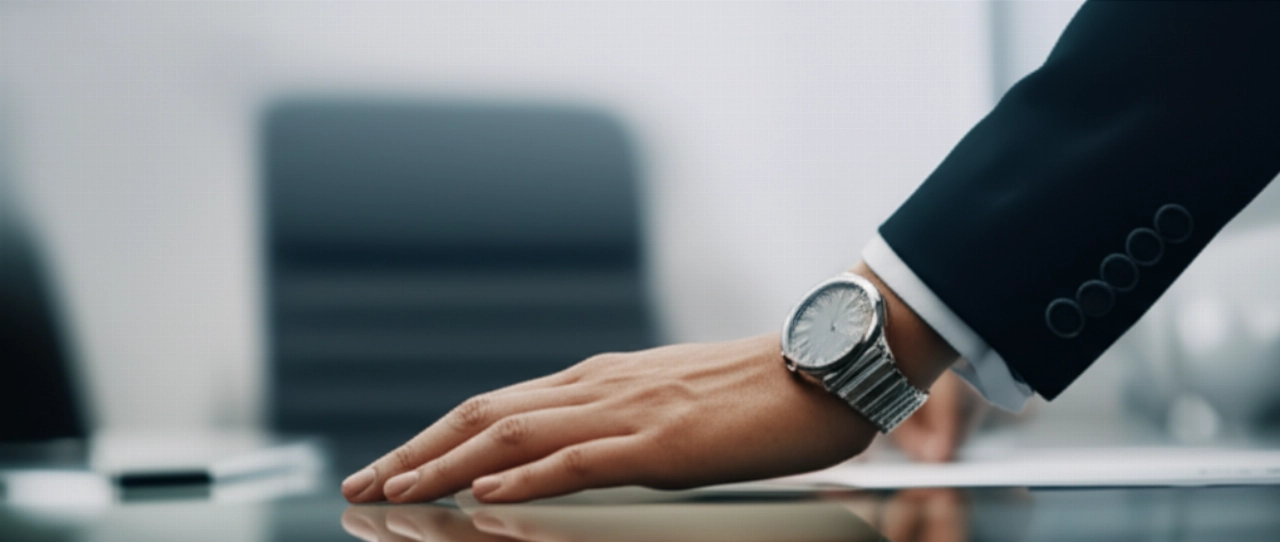Dettaglio iperrealistico della mano di una CEO caucasica su un tavolo da riunione, con un orologio di lusso moderno e raffinato in primo piano.