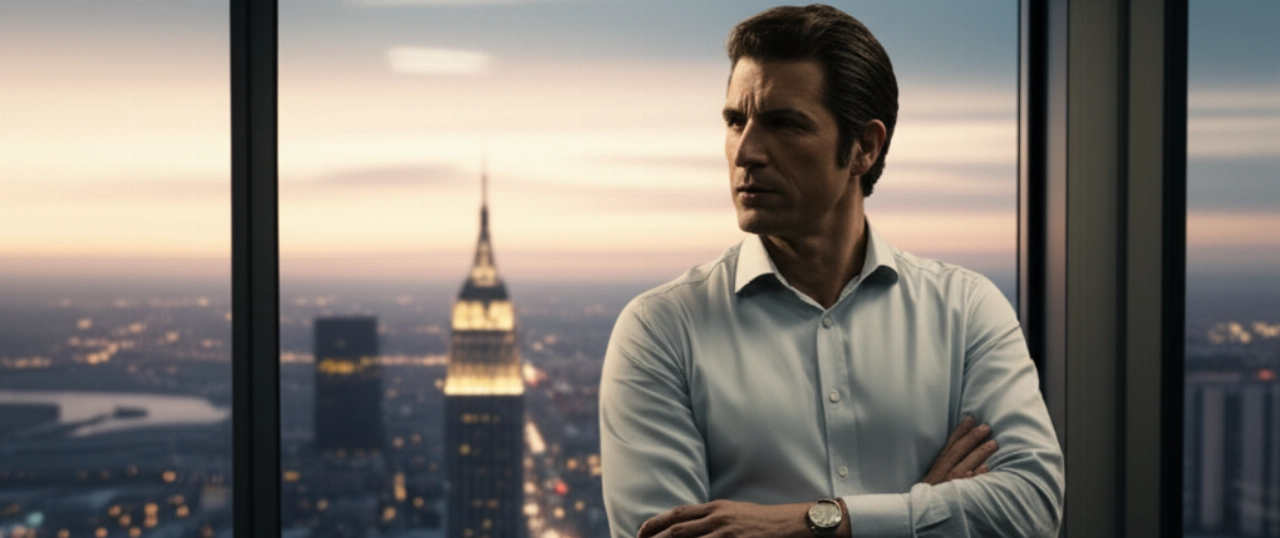 Immagine iperrealistica di un CEO caucasico pensieroso vicino a una finestra al tramonto, con un orologio di lusso classico visibile al polso.