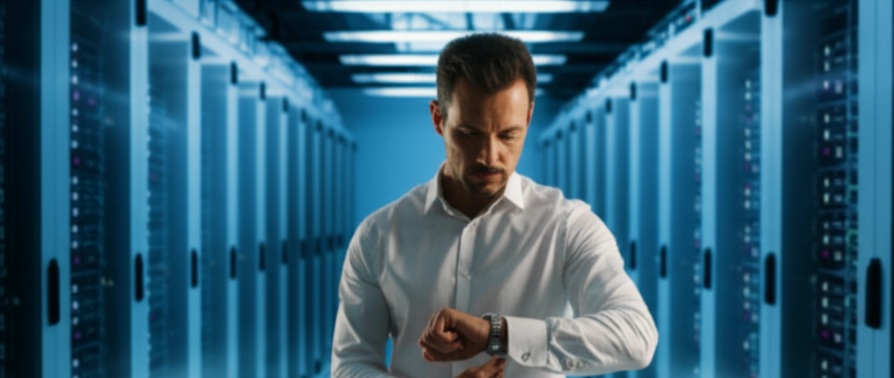 Immagine iperrealistica di un uomo caucasico in un moderno data center che regola il suo orologio antimagnetico, con server luminosi sullo sfondo.