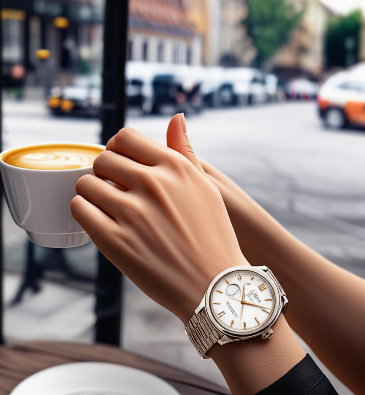 Primo piano iperrealistico del polso di una donna caucasica con un orologio antimagnetico elegante, mentre sorseggia un caffè in un caffè all'aperto.