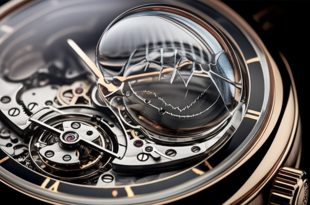 Un primo piano iperrealistico di un orologio tourbillon di lusso, con un riflesso distorto sul cristallo che simboleggia l'instabilità e la potenziale rottura di una bolla speculativa.