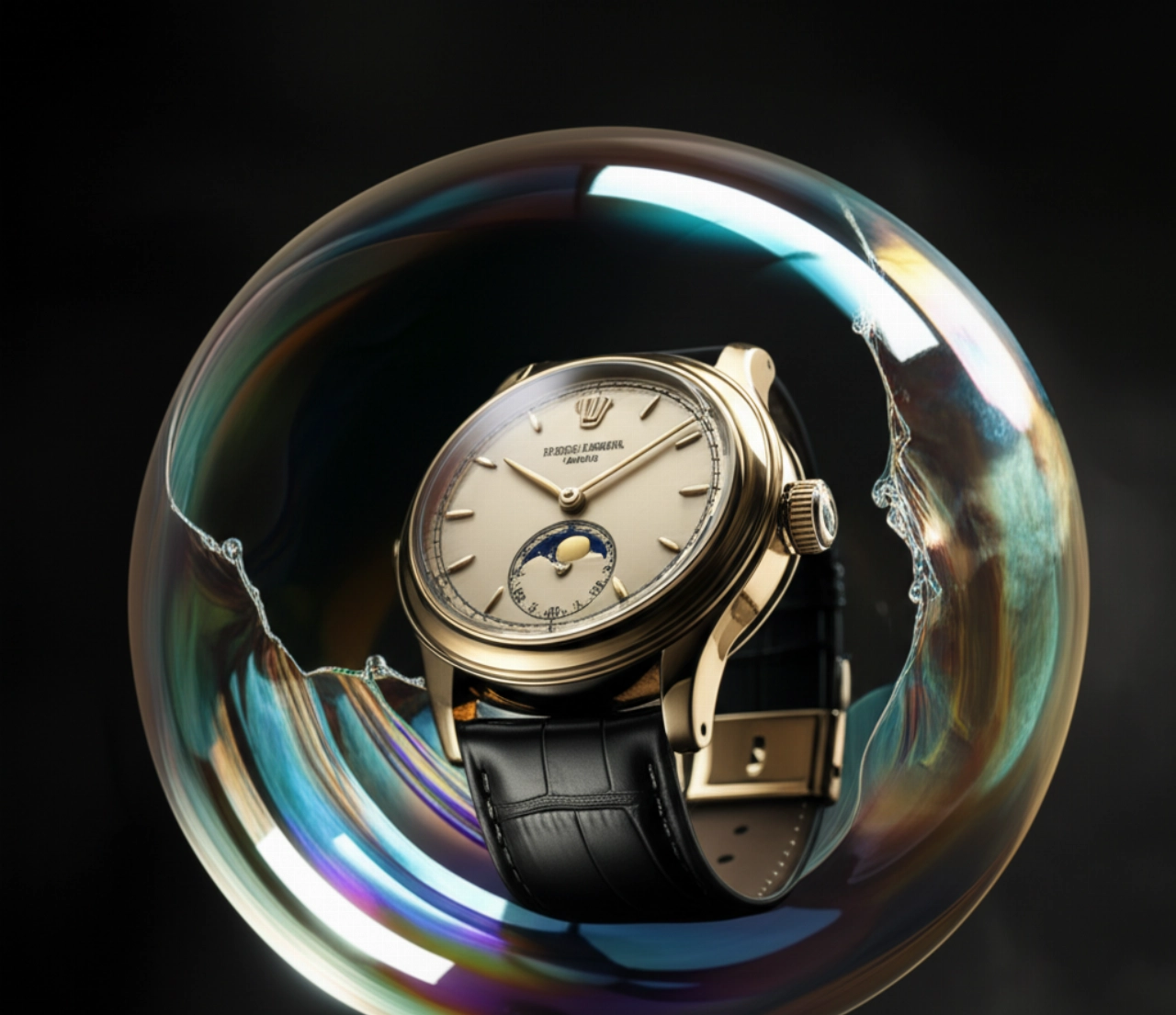 Un orologio di lusso squisito fluttua precariamente all'interno di una bolla iridescente e trasparente che sta per scoppiare, simboleggiando la fragilità di una bolla speculativa.