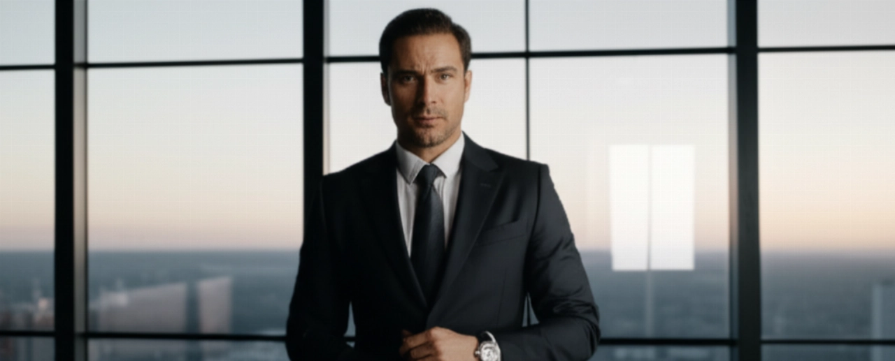 Uomo caucasico elegante con orologio di lusso al polso, in un ambiente moderno e raffinato, con vista sulla città.
