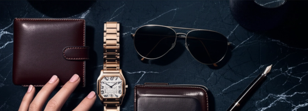 Composizione iperrealistica di un orologio da uomo di lusso, stile Cartier, con accessori maschili raffinati su una superficie scura.
