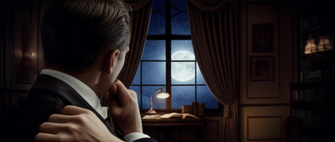 Uomo caucasico elegante in uno studio notturno, osserva la luna piena con un orologio a fasi lunari al polso, illuminato dalla luce lunare.