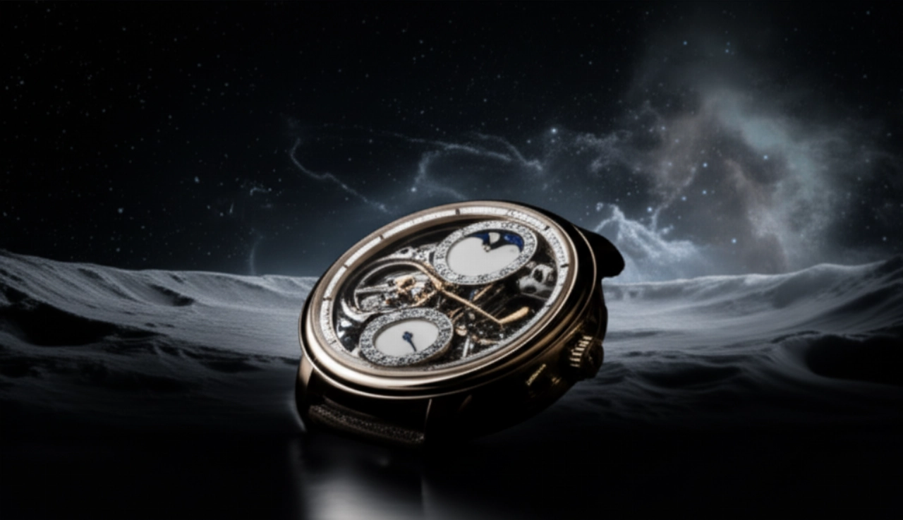 Orologio con fasi lunari su una superficie scura riflettente, con uno sfondo iperrealistico di un paesaggio lunare e stelle.