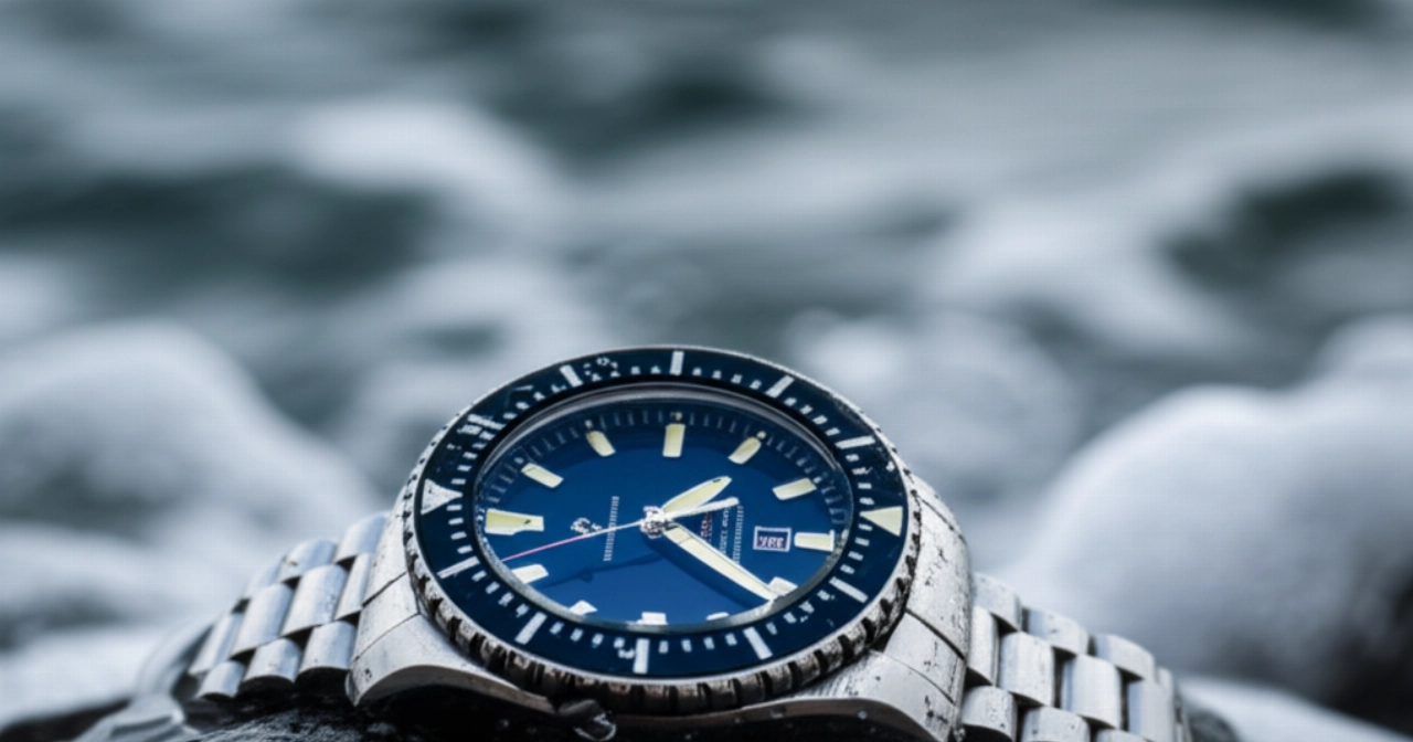 Un orologio subacqueo di alta gamma con profondimetro, adagiato su una roccia bagnata al bordo dell'oceano, con goccioline d'acqua e riflessi.