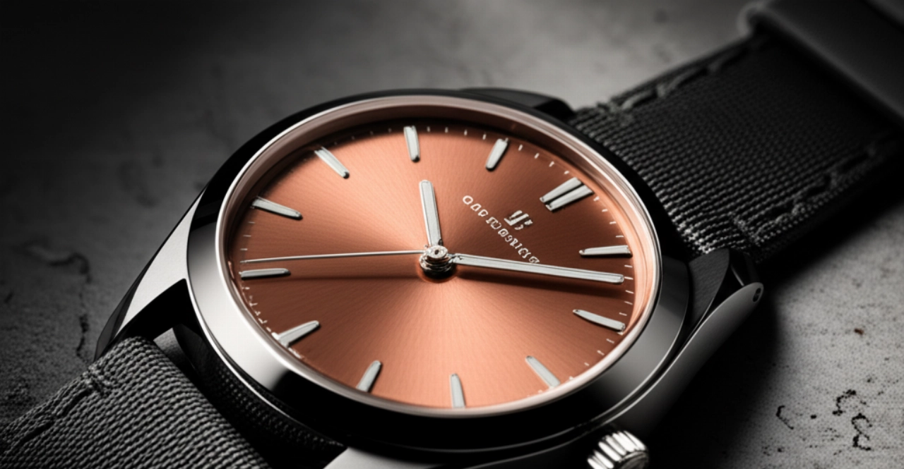Scatto artistico iperrealistico che enfatizza il quadrante color salmone di un orologio di alta gamma, posizionato su una superficie testurizzata con un drammatico gioco di luci e ombre che ne esalta il colore e la lucentezza metallica.