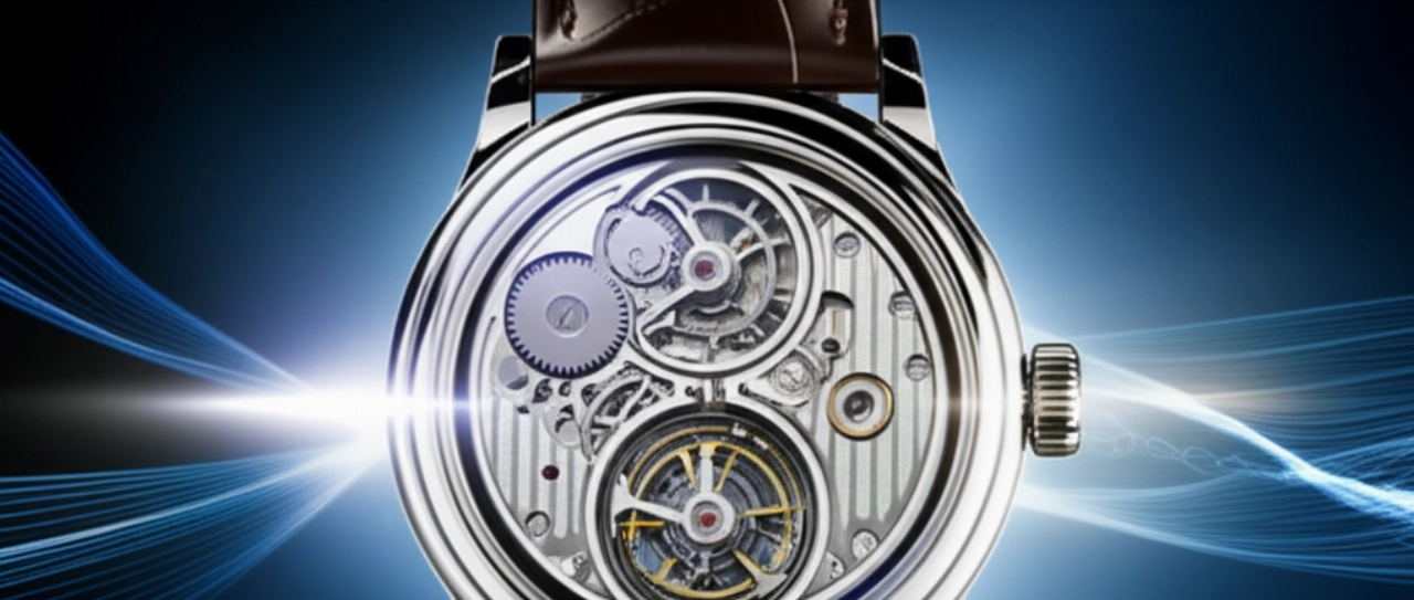 Composizione artistica iperrealistica di un orologio con riserva di carica tra luci e ingranaggi, evocando precisione ed energia duratura.