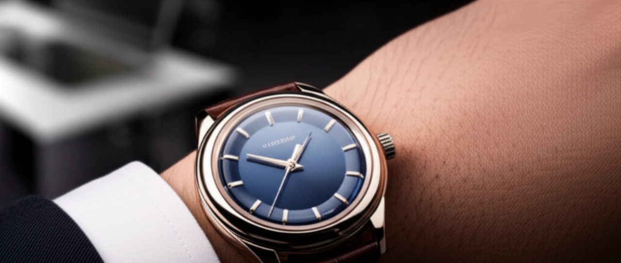 Un elegante orologio di lusso con vetro zaffiro indossato al polso di un uomo caucasico in un ambiente raffinato.