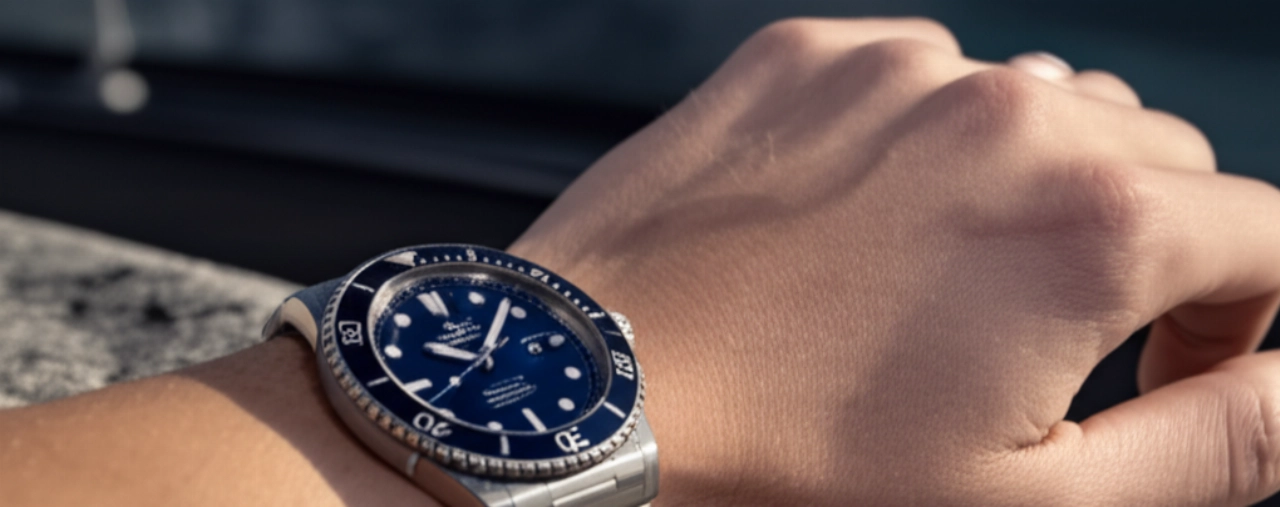 Orologio sportivo di lusso con vetro zaffiro, intatto e brillante, indossato al polso di una persona caucasica in un contesto naturale e avventuroso.