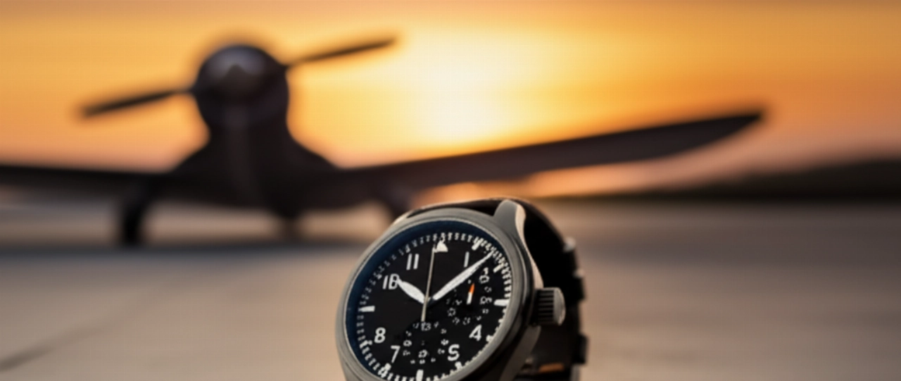 Orologio da pilota moderno in primo piano su una superficie minimalista, con uno sfondo sfocato che suggerisce una pista d'atterraggio al tramonto, evocando un'atmosfera di aviazione.