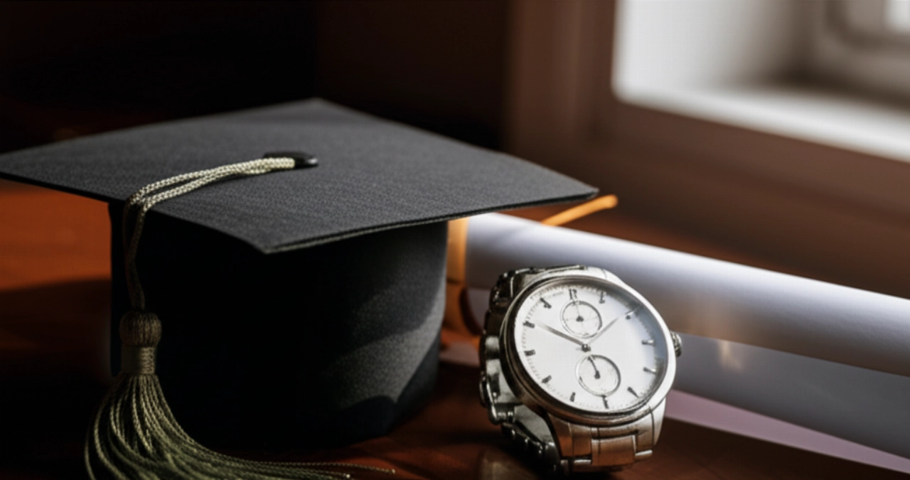 Immagine iperrealistica di un orologio classico posato su una pergamena di laurea arrotolata e un tocco, simbolo di successo e nuovi inizi.